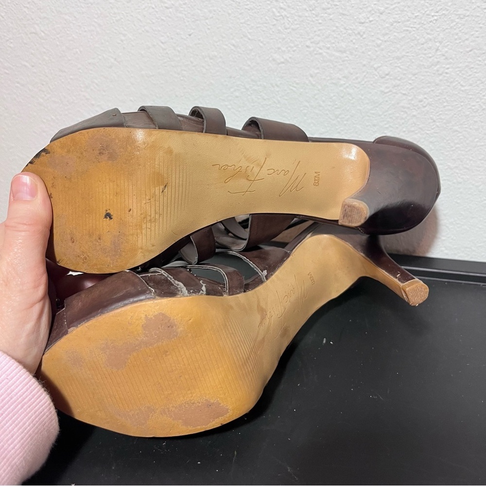 Marc Fisher Brown Leather Gladiator Platform Heels Straps Cage Sandals size 8.5 - Picture 11 of 13